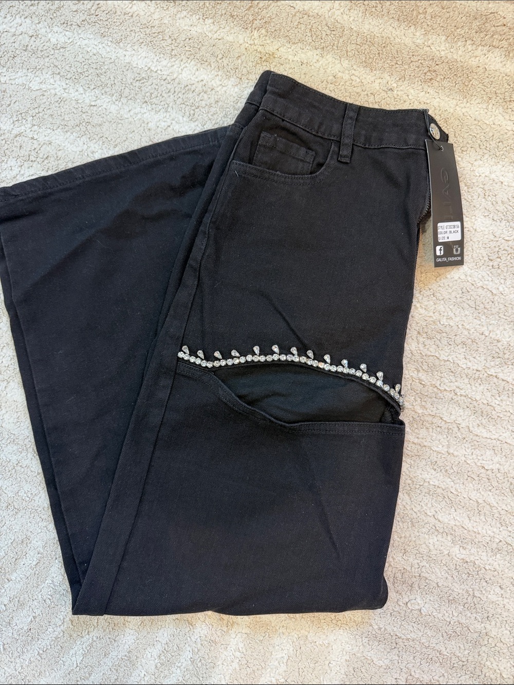 Women’s Black Jeans with Cut Out Crystal Trim - Elegant Everyday Style